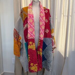 Urban Outfitters large Bohemian Patchwork Kantha  Pink Floral Open Front Jacket